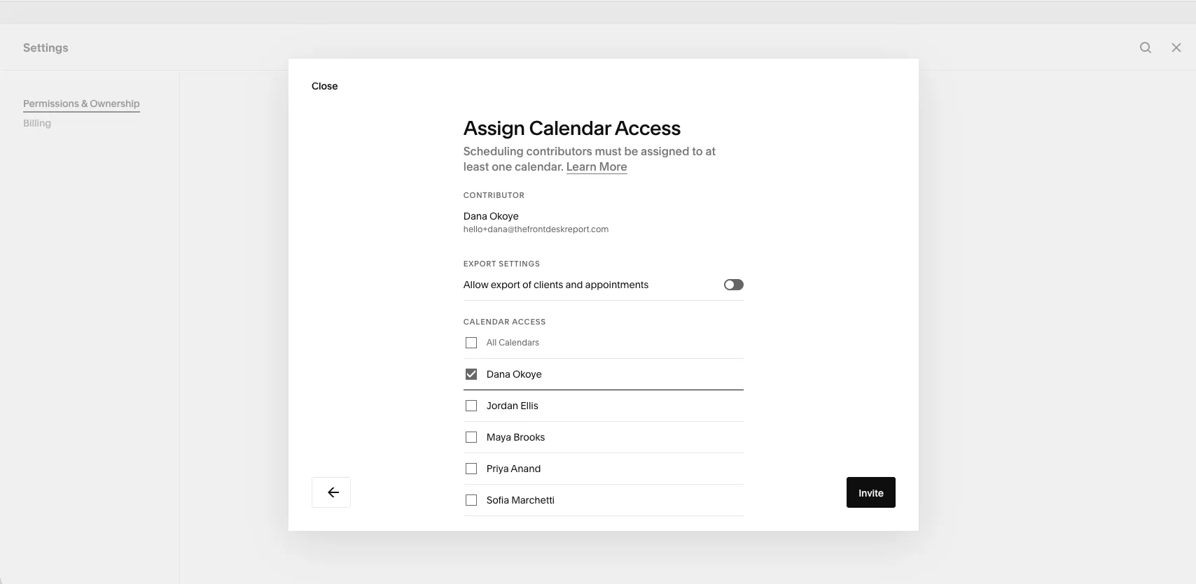 Acuity calendar access assignment for a contributor user showing one calendar assigned and the option Allow export of clients and appointments switched off