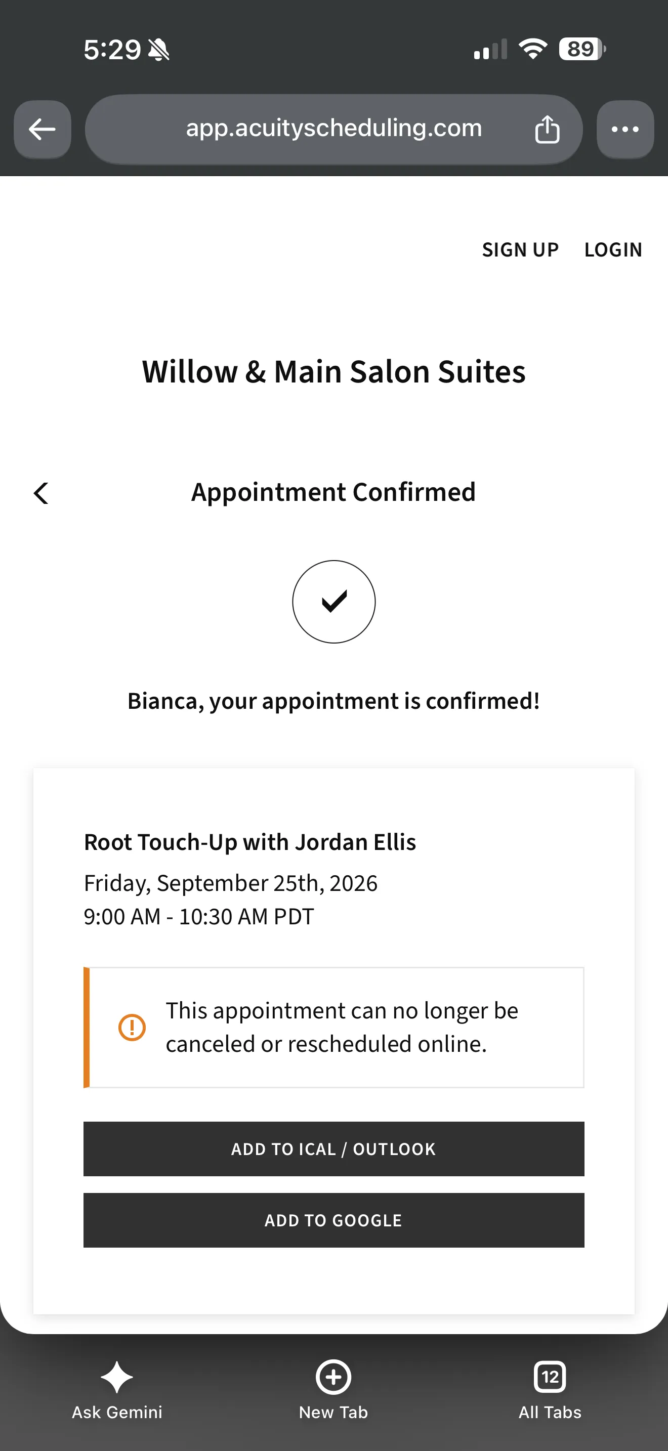 Acuity client confirmation page on a phone reading your appointment is confirmed, followed by This appointment can no longer be canceled or rescheduled online, with no reason or contact given