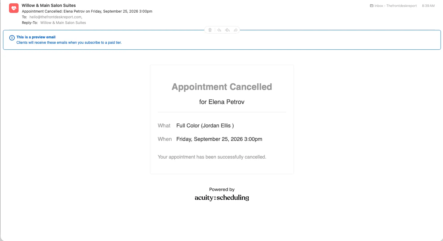 Email in the salon inbox headed This is a preview email, Clients will receive these emails when you subscribe to a paid tier, above an appointment cancelled message addressed to the client