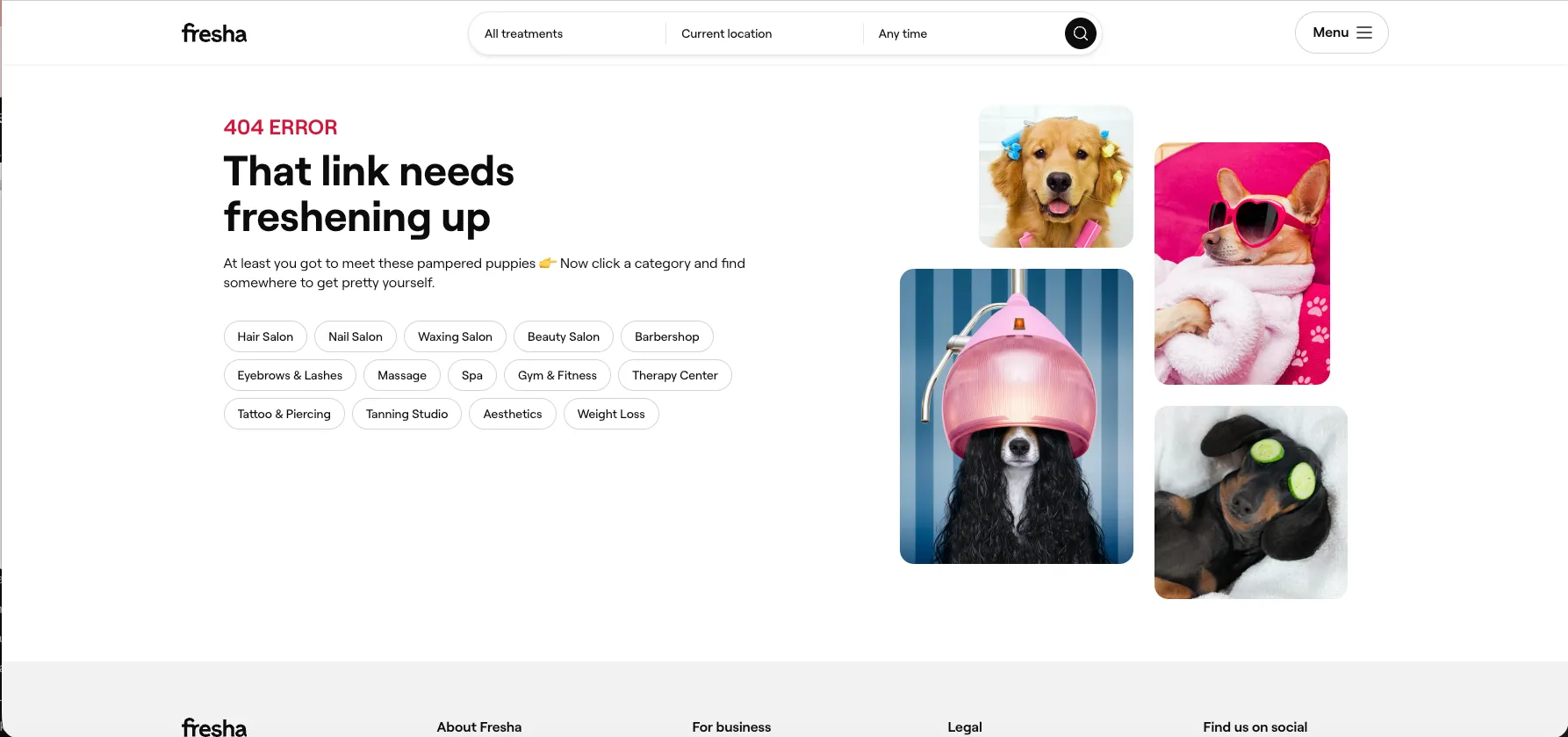 Fresha 404 page reading That link needs freshening up, with a grid of category buttons for hair salons, nail salons, barbershops and spas