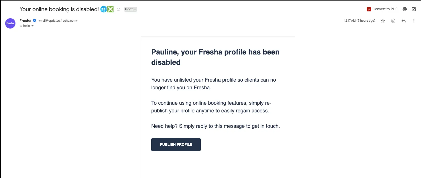 Fresha email titled Your online booking is disabled, telling the owner that they have unlisted their profile and clients can no longer find them