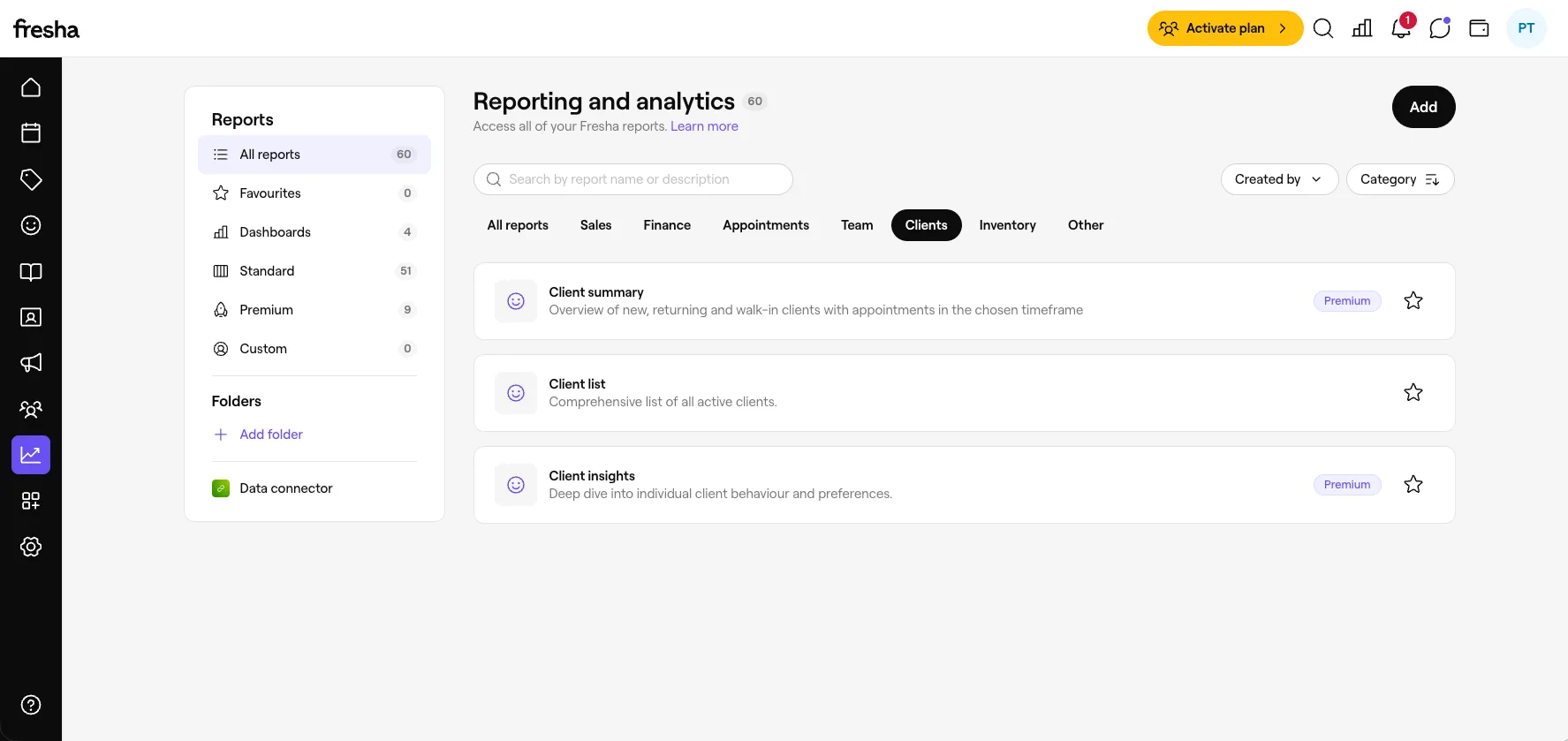 Fresha reporting and analytics catalogue listing 60 reports, with Client summary and Client insights marked with a Premium badge