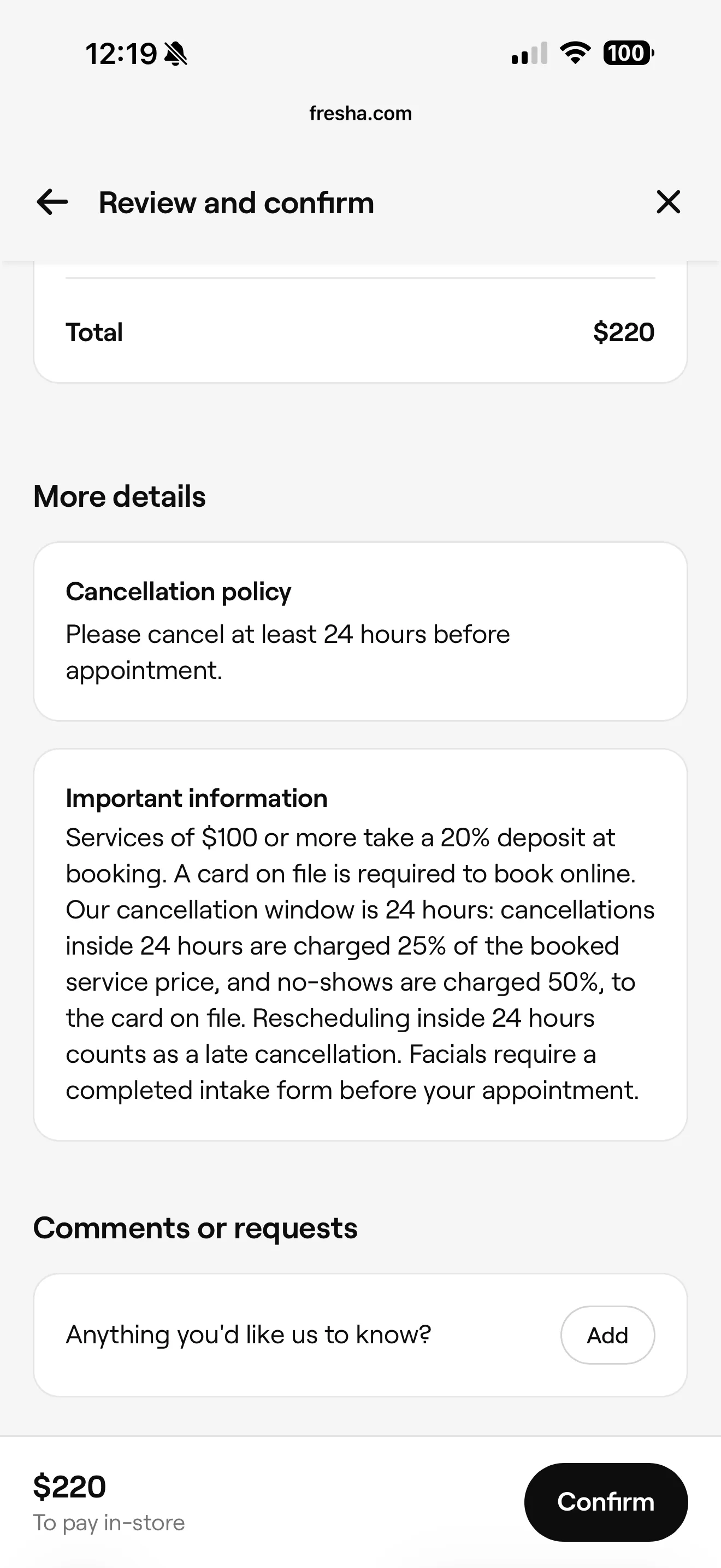 Fresha mobile booking review screen showing the salon's full policy text, including a card on file requirement and 50% no-show fee, directly above a footer reading $220, To pay in-store
