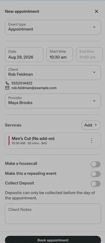 GlossGenius new-appointment panel with date, time, client, provider, and service dropdowns