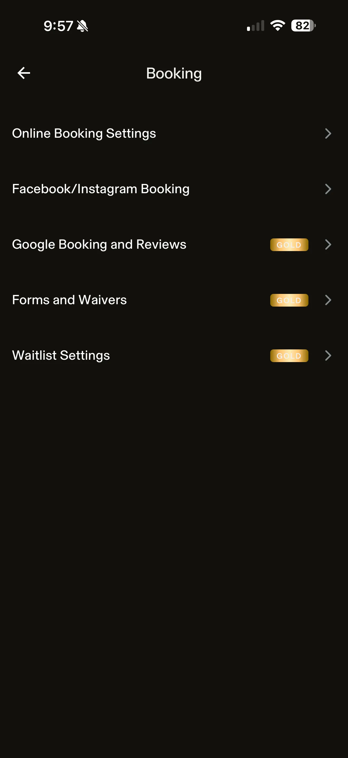 GlossGenius mobile booking settings with Google Booking, Forms and Waivers, and Waitlist each marked with a Gold badge