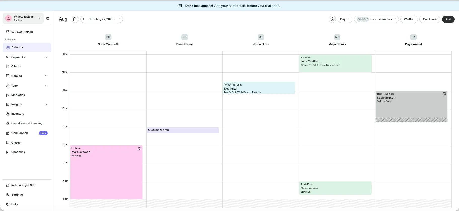 GlossGenius day view with five provider columns where the no-show appointment looks like a normal booking with a small info icon