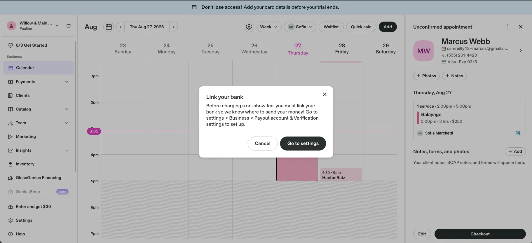 GlossGenius dialog: before charging a no-show fee, you must link your bank