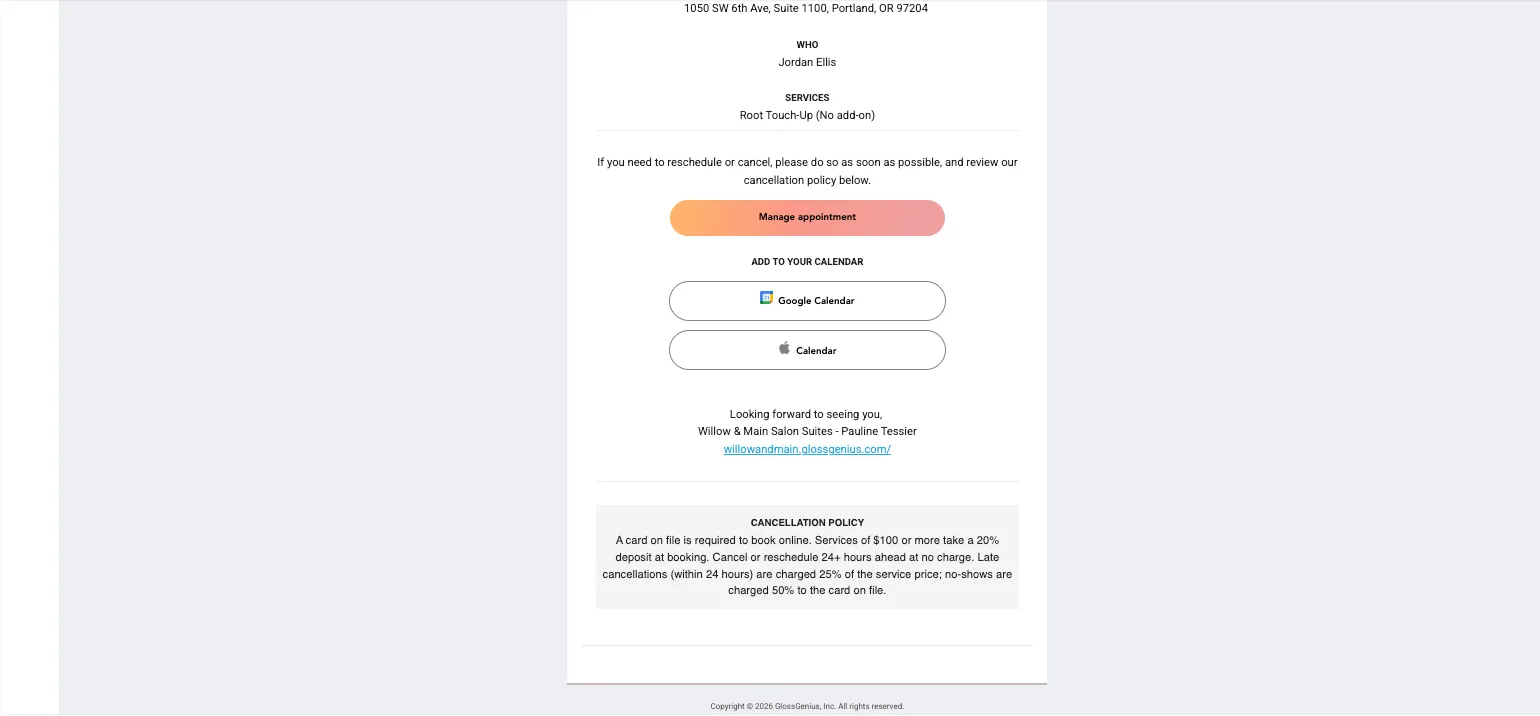 GlossGenius client confirmation email showing the salon's full cancellation policy, including the 20% deposit and 50% no-show terms