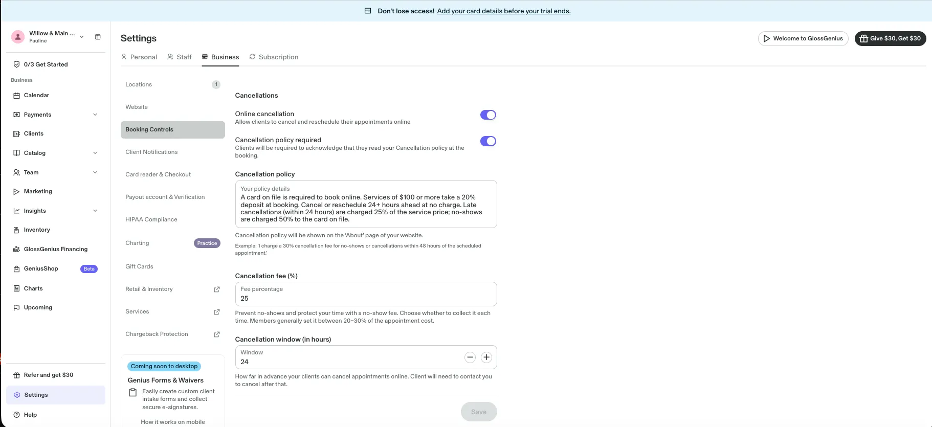 GlossGenius booking controls showing a single cancellation fee percentage field set to 25