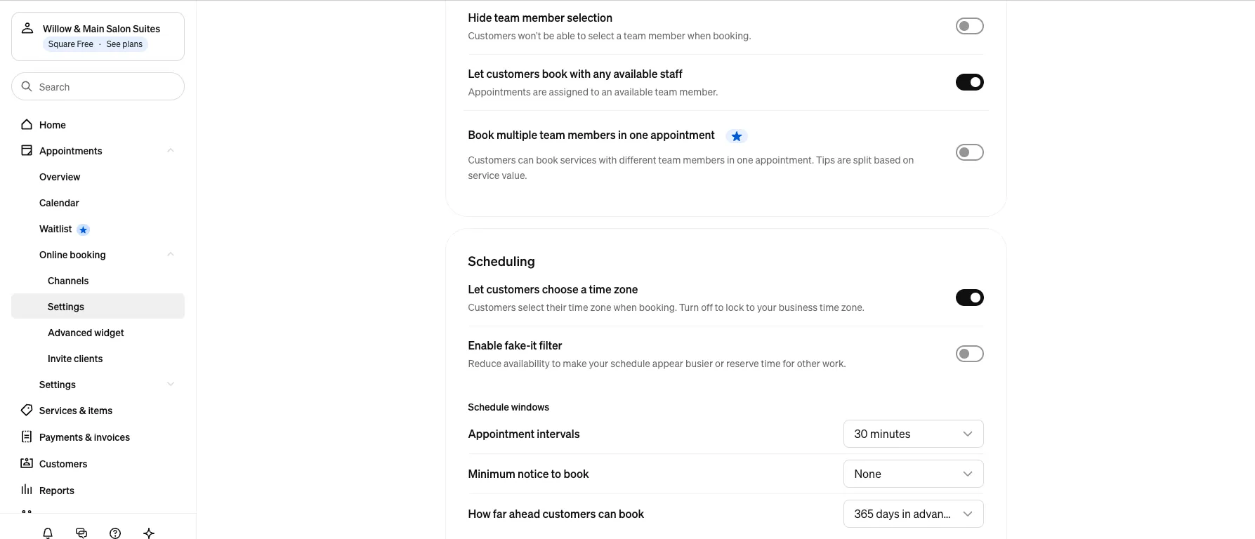 Square online booking setting reading Enable fake-it filter, reduce availability to make your schedule appear busier or reserve time for other work, switched off