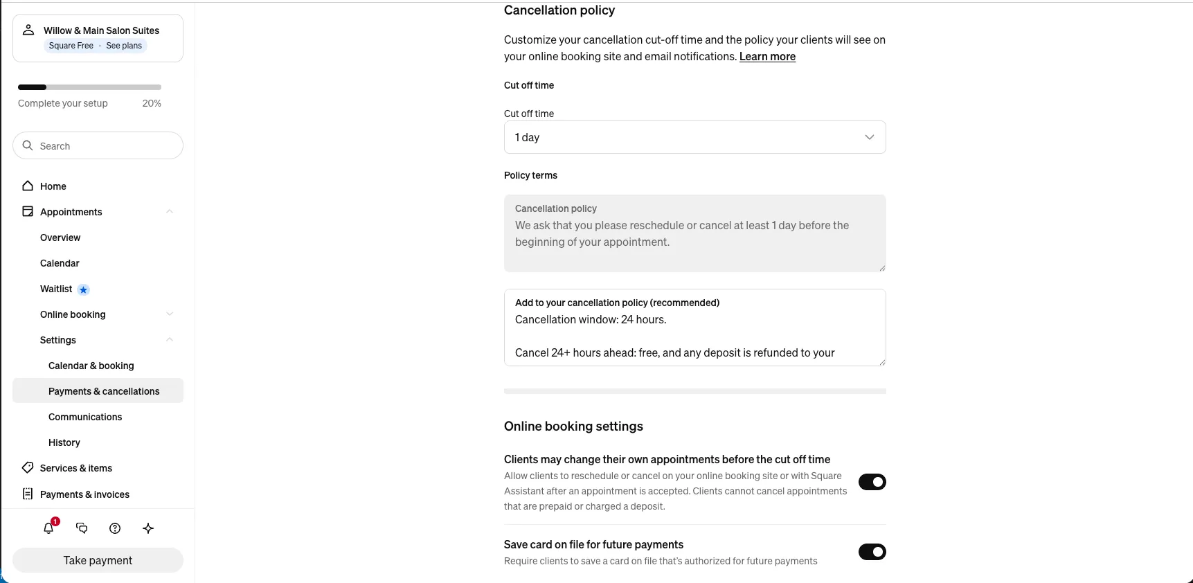 Square Appointments settings page with the toggle Require clients to save a card on file that is authorized for future payments switched on, above a one-day cut-off and the salon's policy text