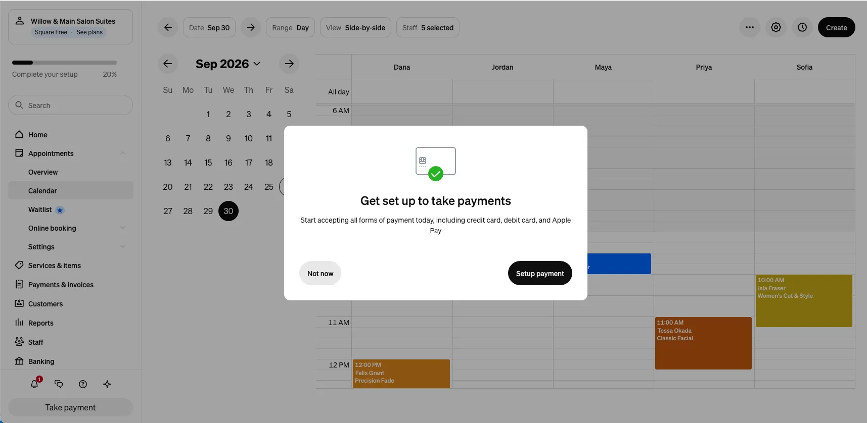 Square dialog headed Get set up to take payments, shown after clicking Save and take payment on a discounted appointment, with Not now and a setup button