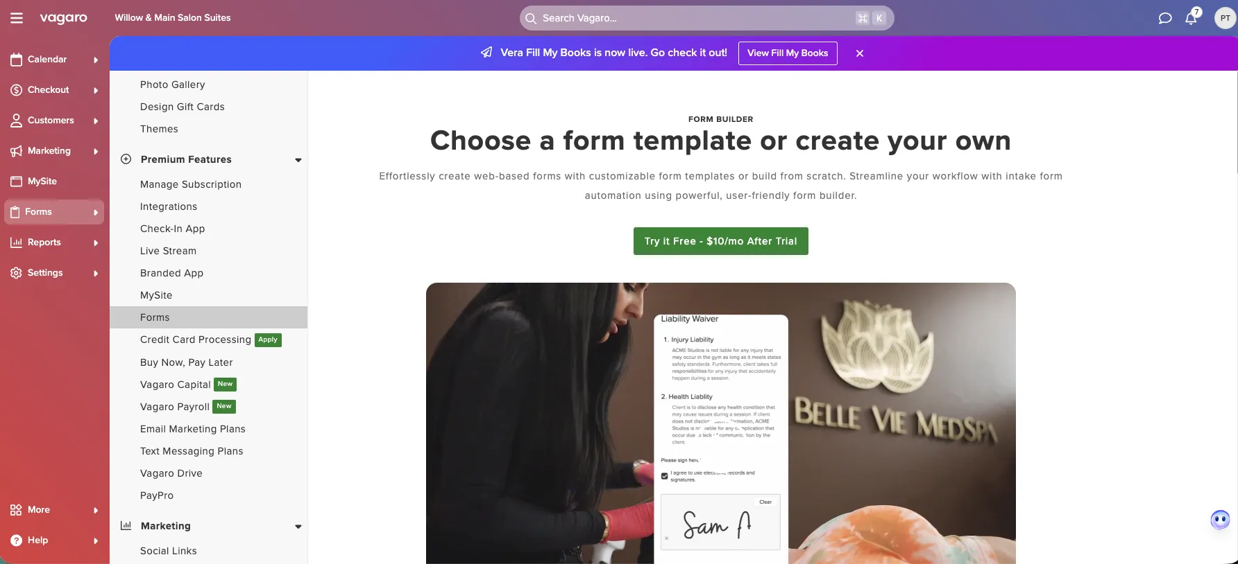 Vagaro Forms module page with a green button reading Try it Free, $10 a month after trial, and a Premium Features sidebar listing more than a dozen paid modules