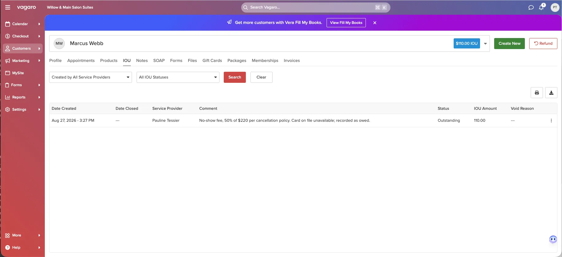 Vagaro client record with a $110.00 IOU badge in the header and an outstanding IOU entry with the desk's typed explanation