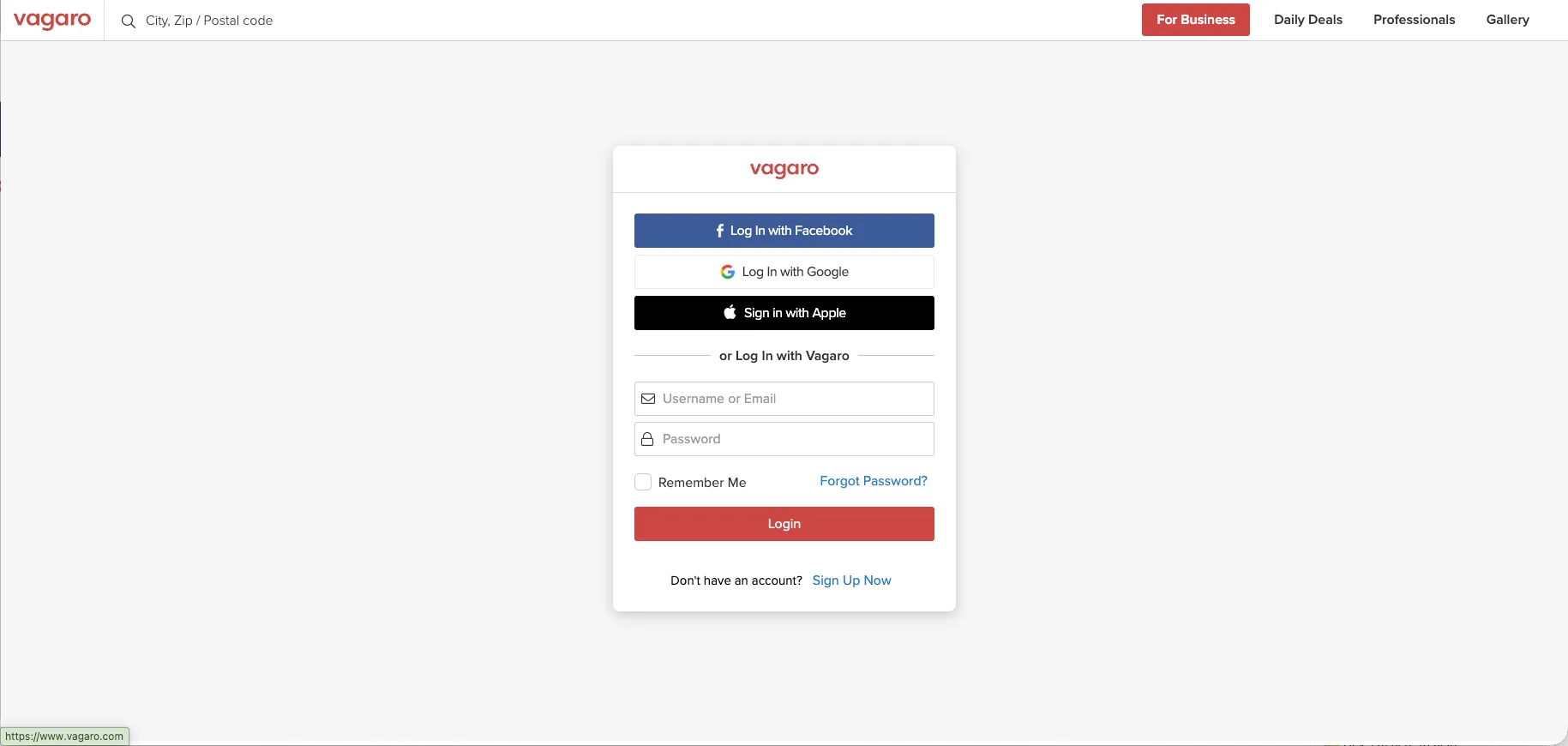 Vagaro marketplace login page with city search bar and Daily Deals navigation, reached from a salon appointment email