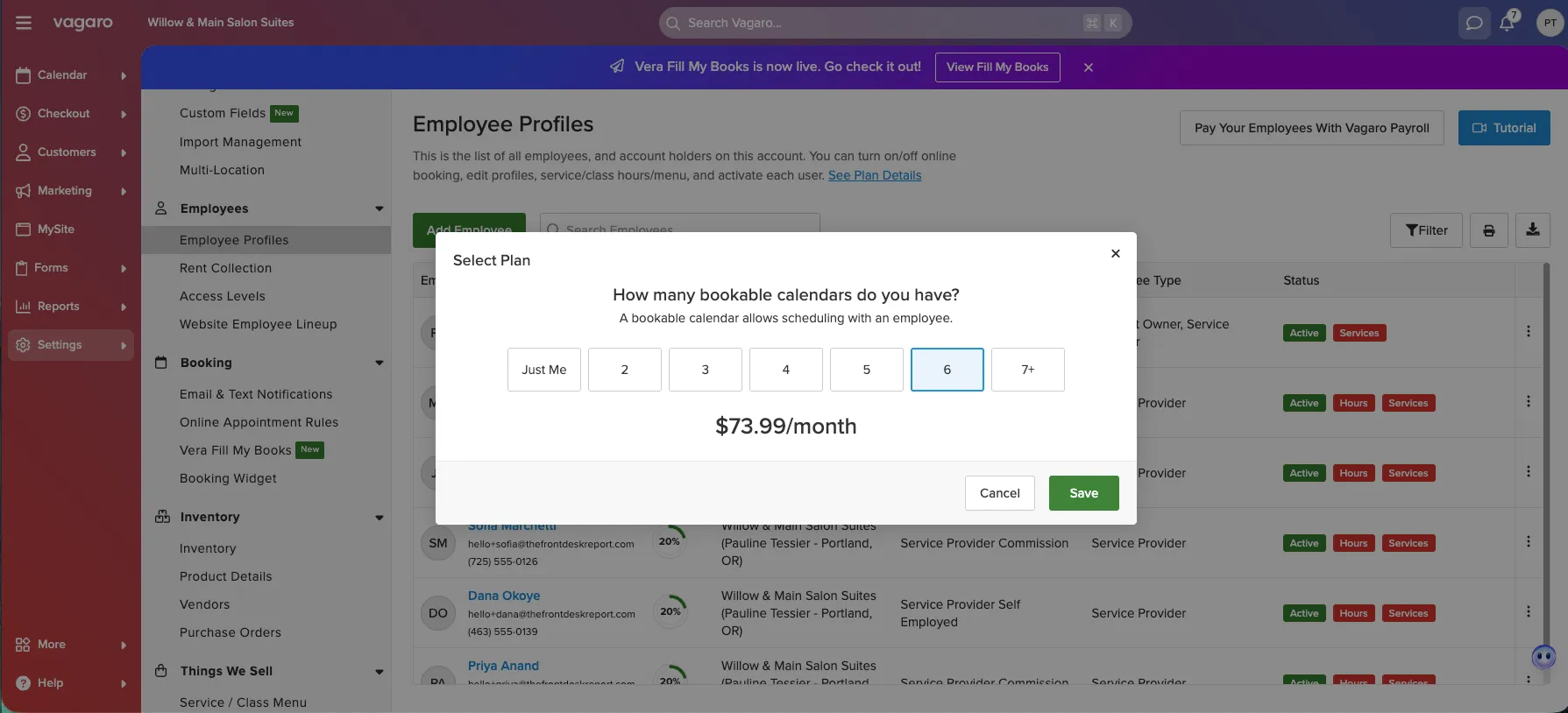 Vagaro in-app Select Plan dialog asking how many bookable calendars you have, with six selected and $73.99 per month shown