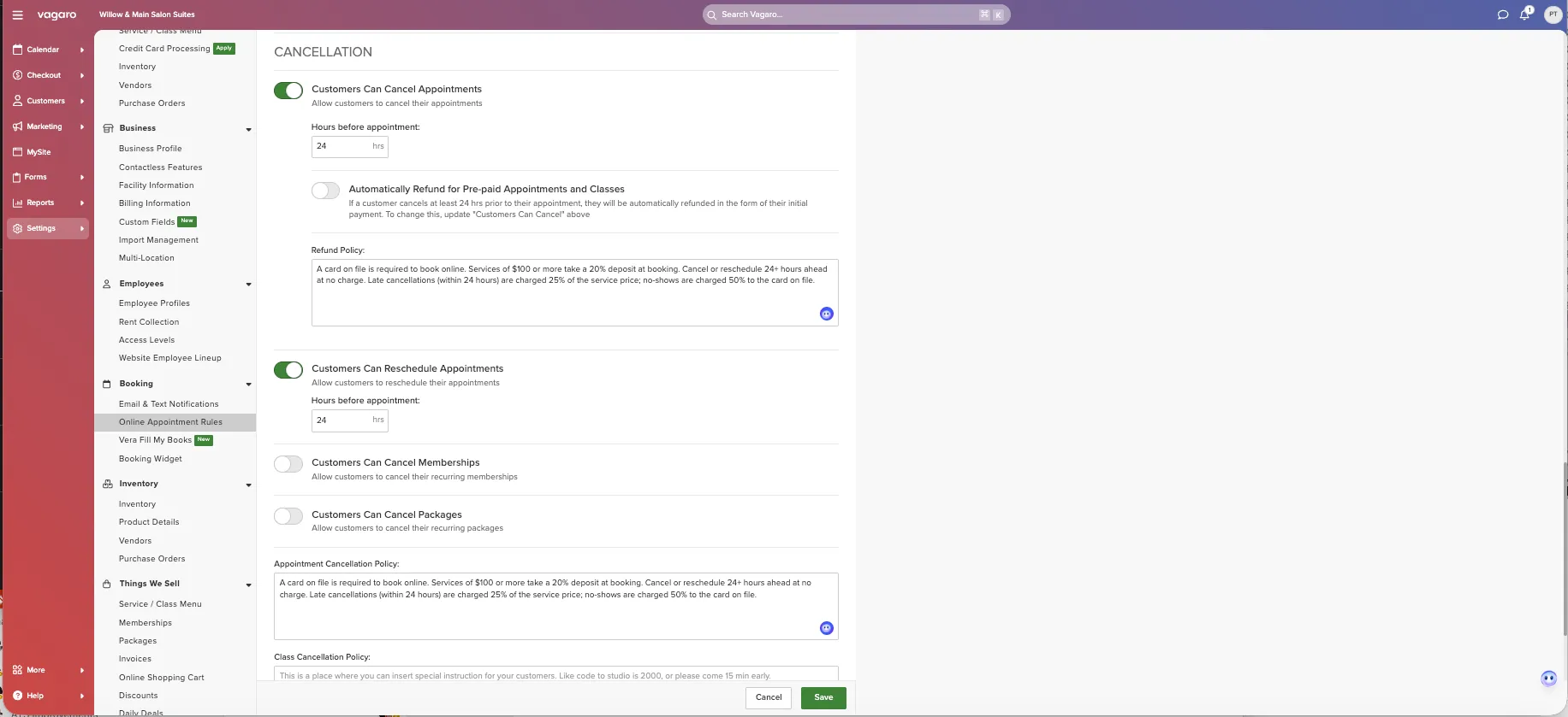 Vagaro online appointment rules showing cancellation windows and free-text policy boxes with no fee percentage anywhere