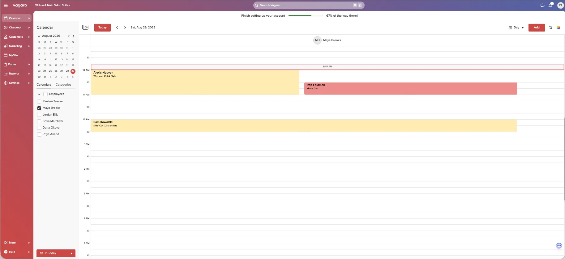 Vagaro calendar showing two overlapping appointments booked with no warning