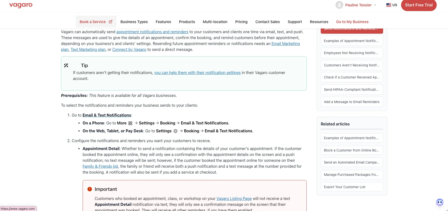 Vagaro support article stating that resending appointment reminders or notifications needs an Email Marketing plan, Text Marketing plan, or Connect by Vagaro